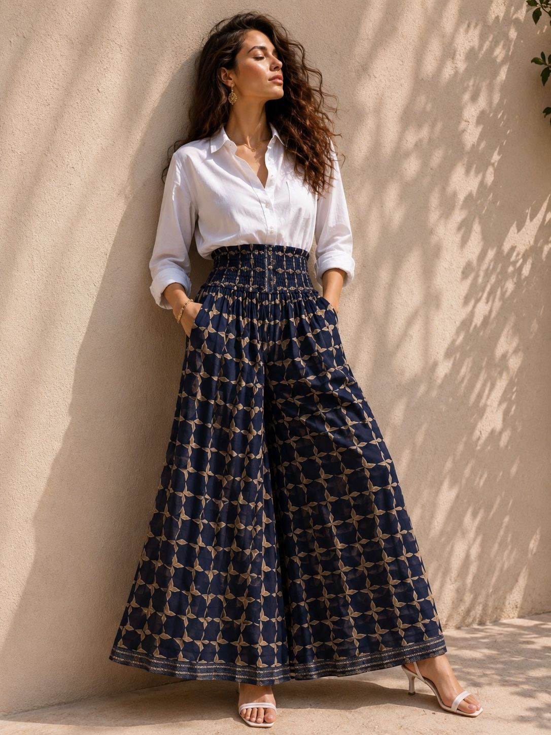 Bohemian straight-leg cotton trousers with smocking