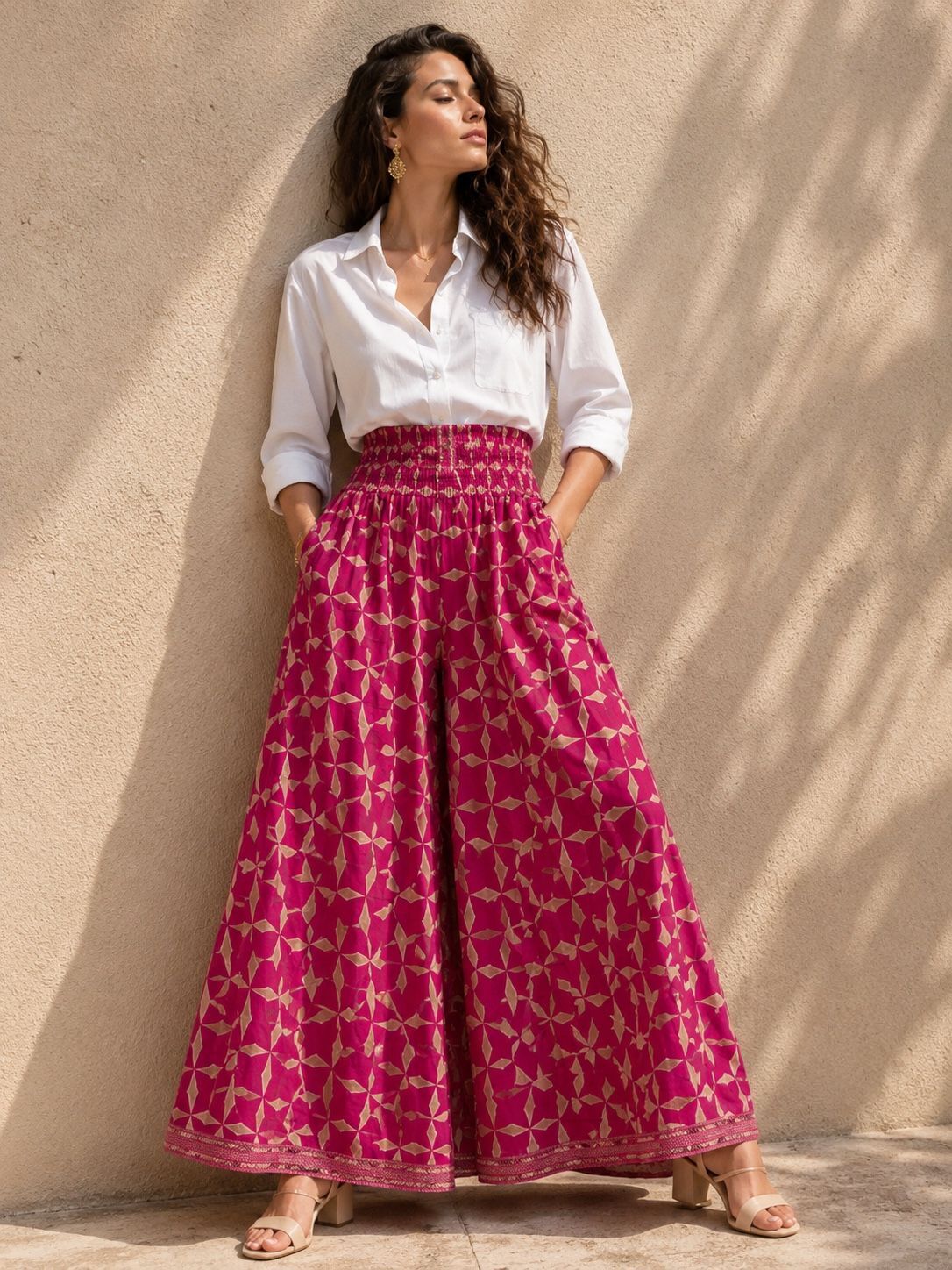 Bohemian straight-leg cotton trousers with smocking