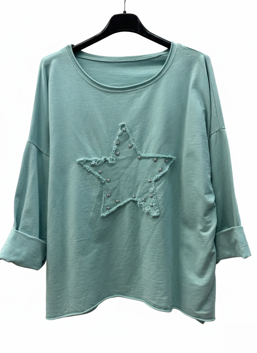 Turquoise Sweatshirt with Studded Star Pattern
