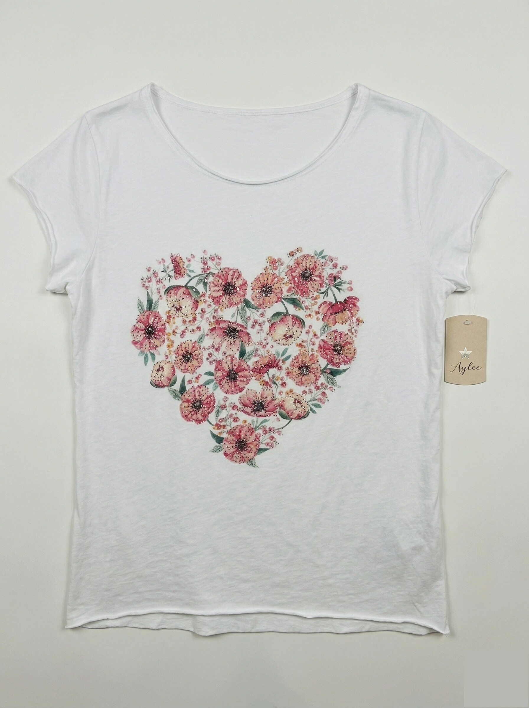 White T-shirt with Pink Heart and Flowers