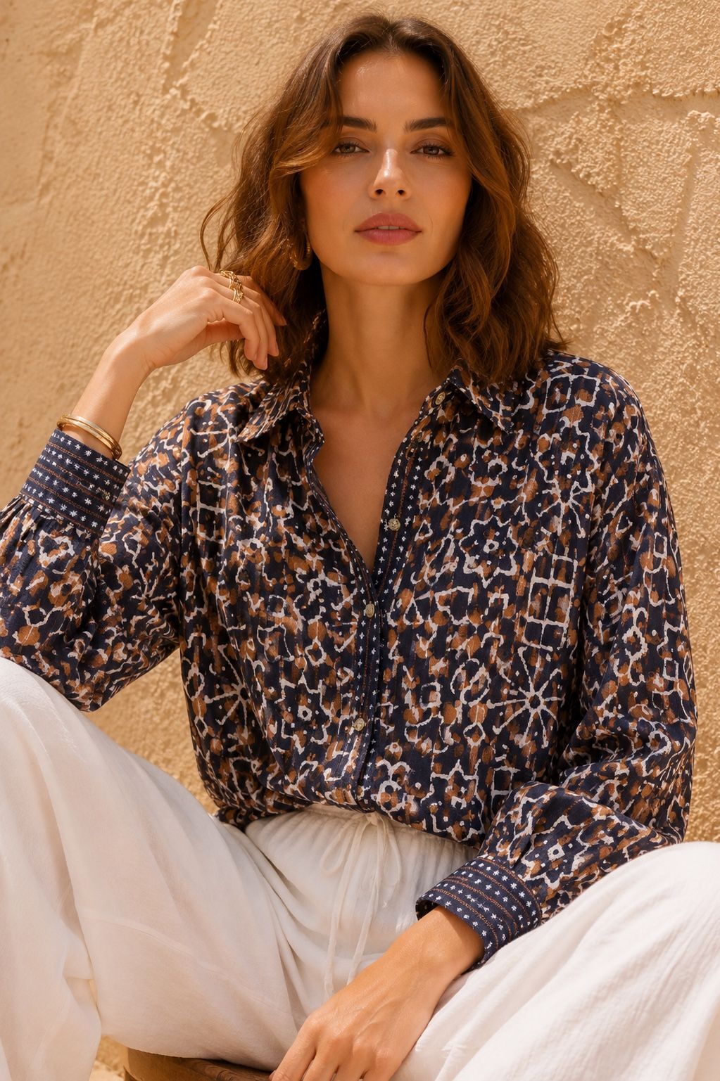 Long bohemian shirt in printed cotton