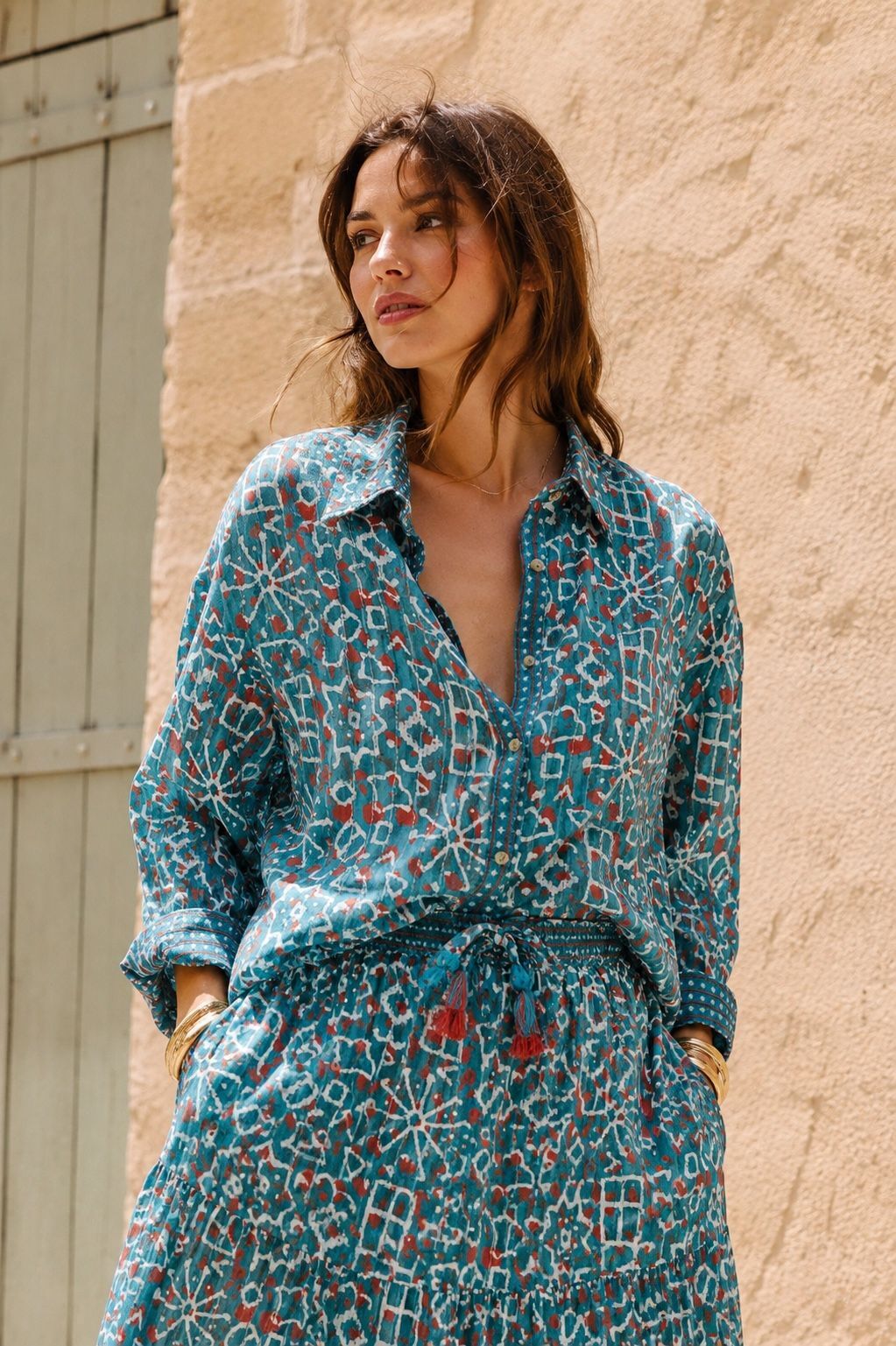 Long bohemian shirt in printed cotton