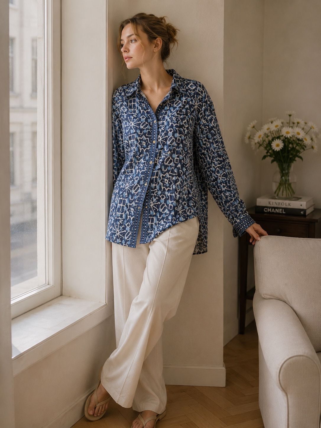 Long bohemian shirt in printed cotton