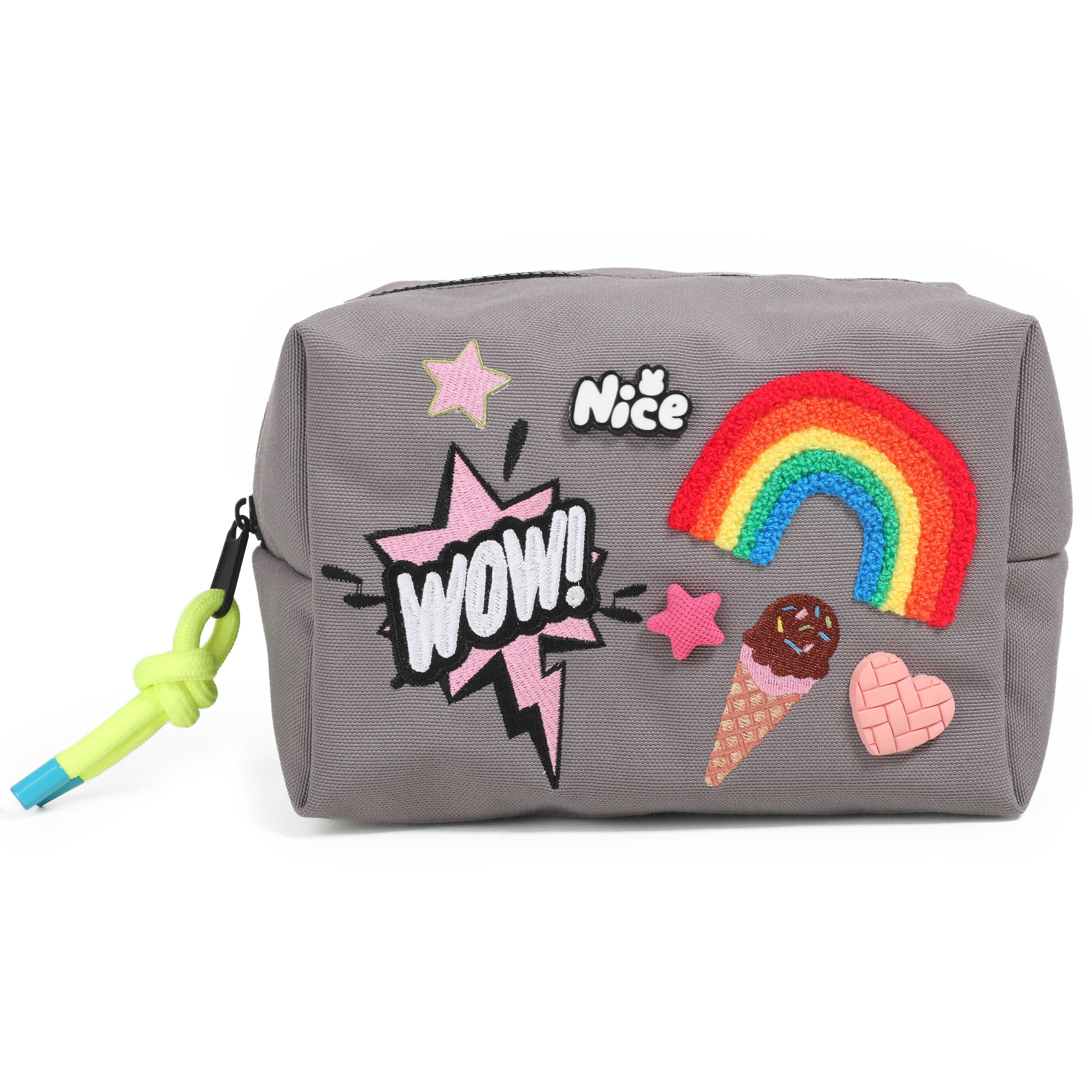 Kids Patch Pencil Case & Travel Pouch – Grey Cosmetic Bag with Rainbow, WOW & Ice Cream Patches | Cute School Accessories for Girls
