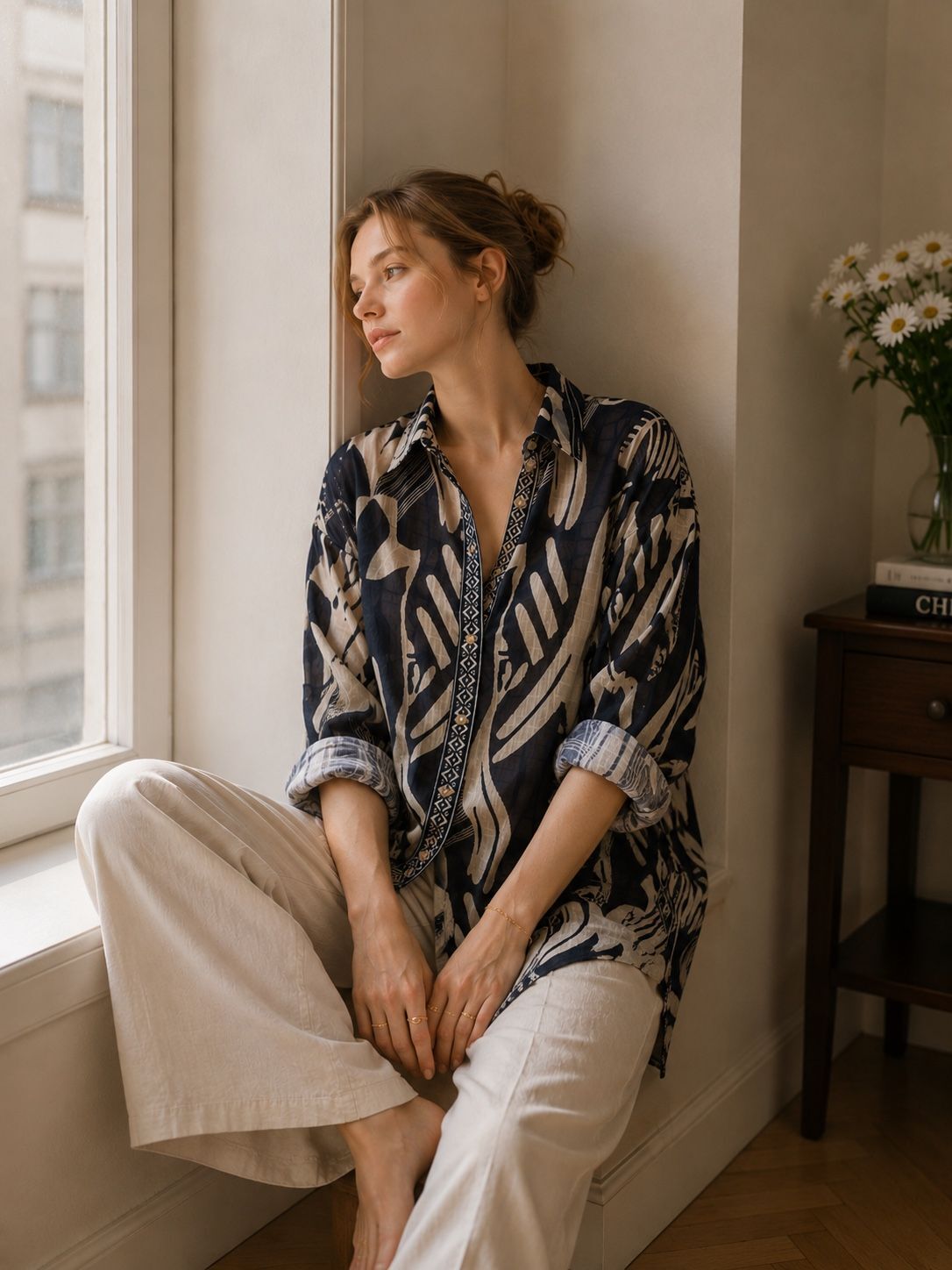 Long bohemian shirt in printed cotton