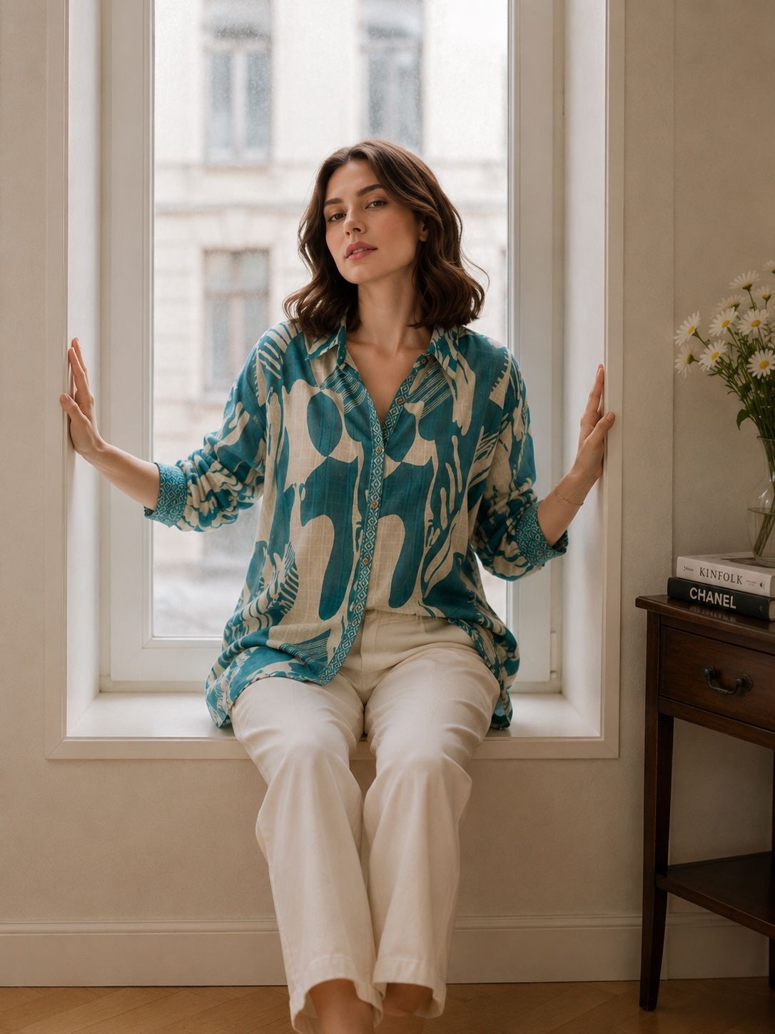 Long bohemian shirt in printed cotton