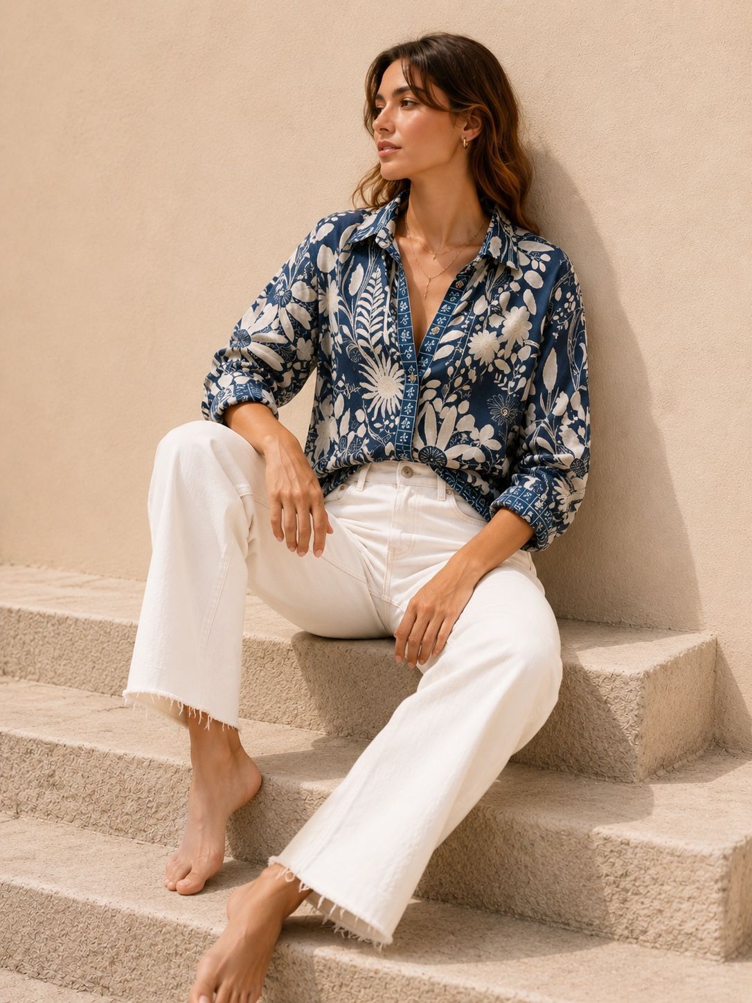 Long-sleeved printed cotton shirt