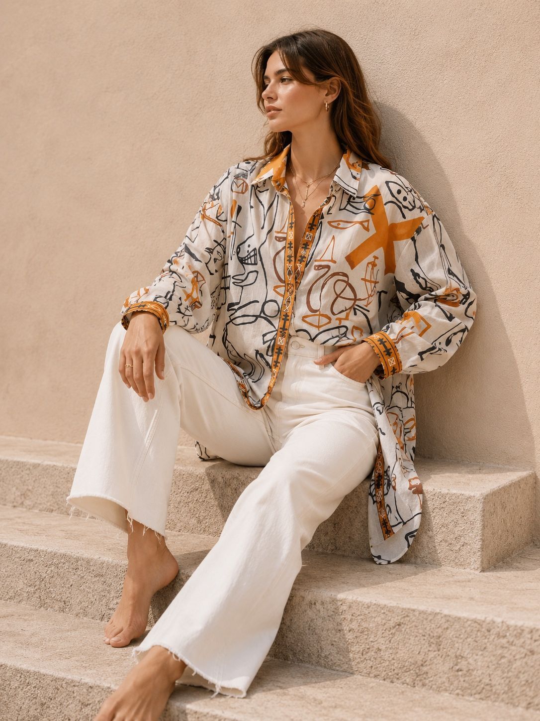 Long-sleeved printed cotton shirt