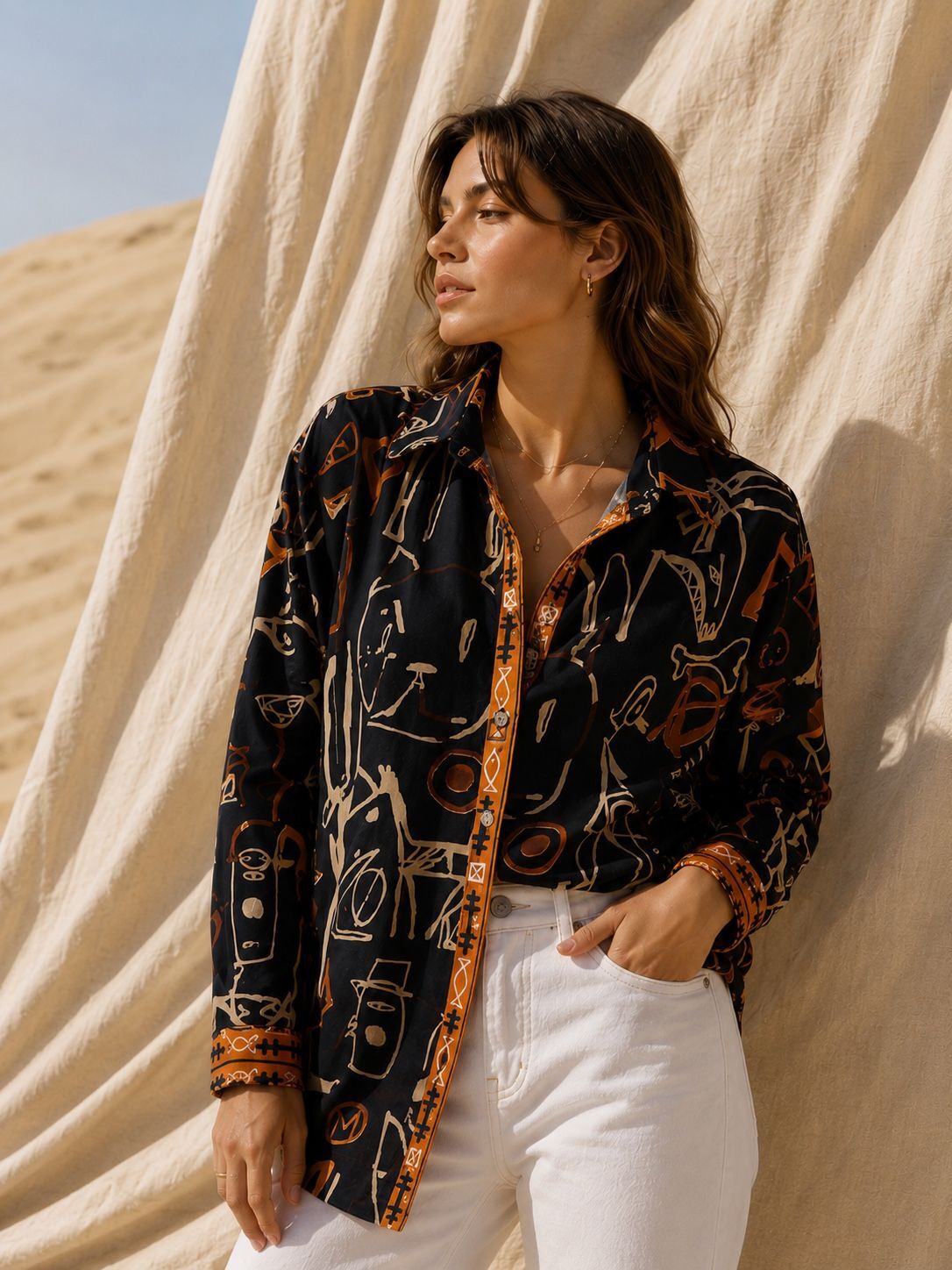 Long-sleeved printed cotton shirt
