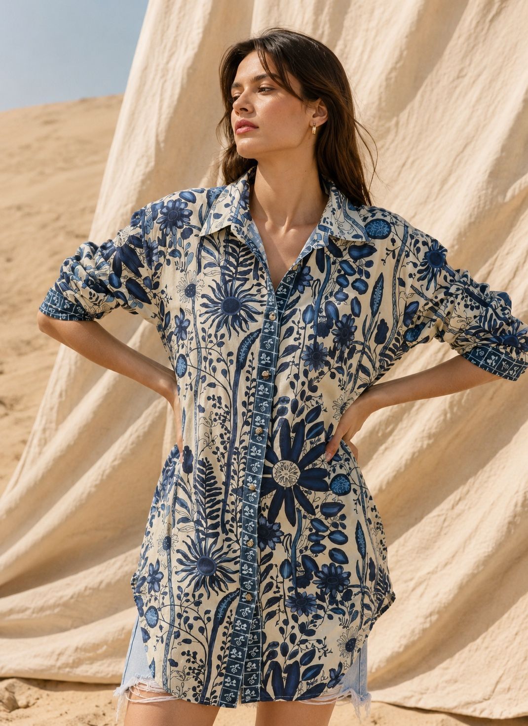 Long-sleeved printed cotton shirt