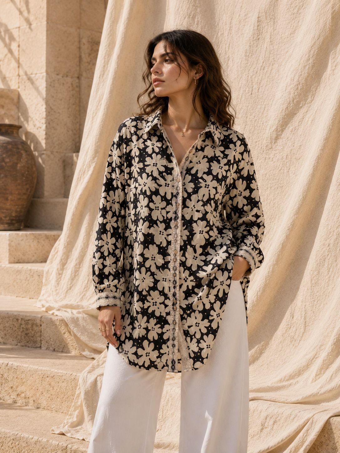 Long-sleeved printed cotton shirt