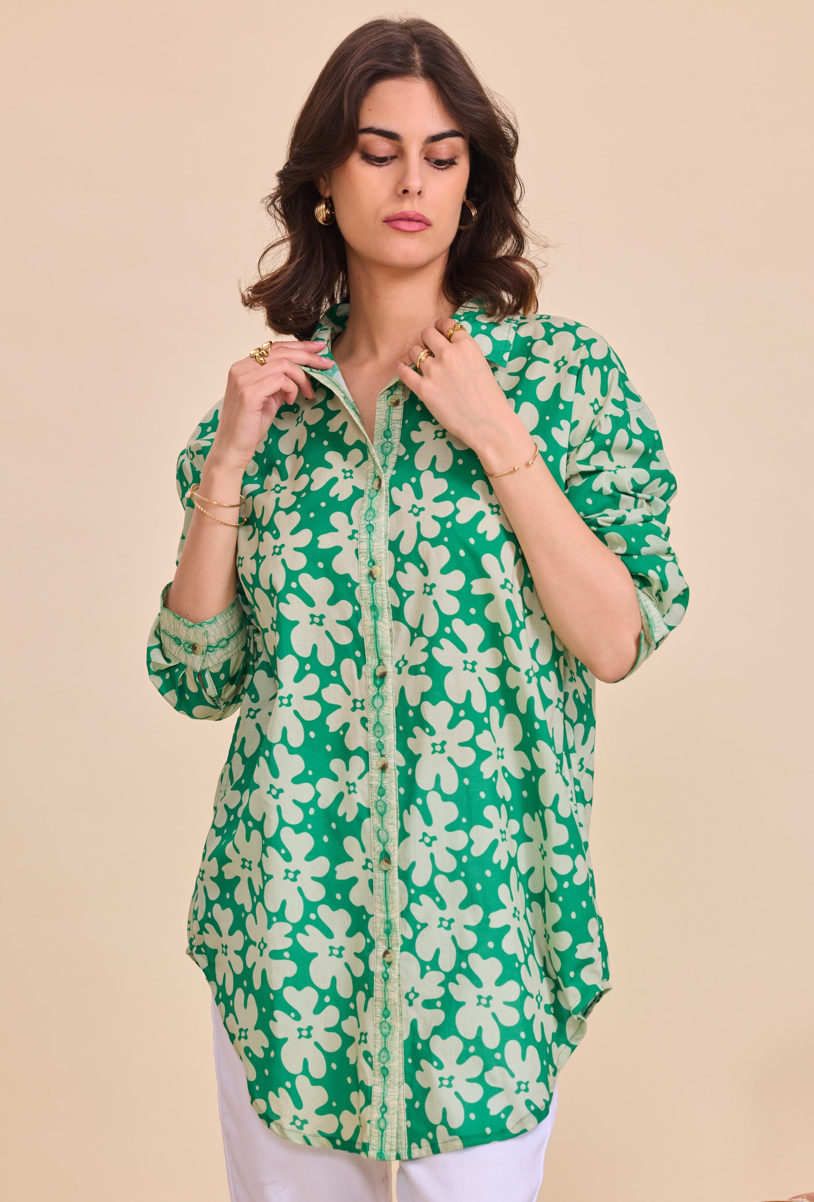 Long-sleeved printed cotton shirt