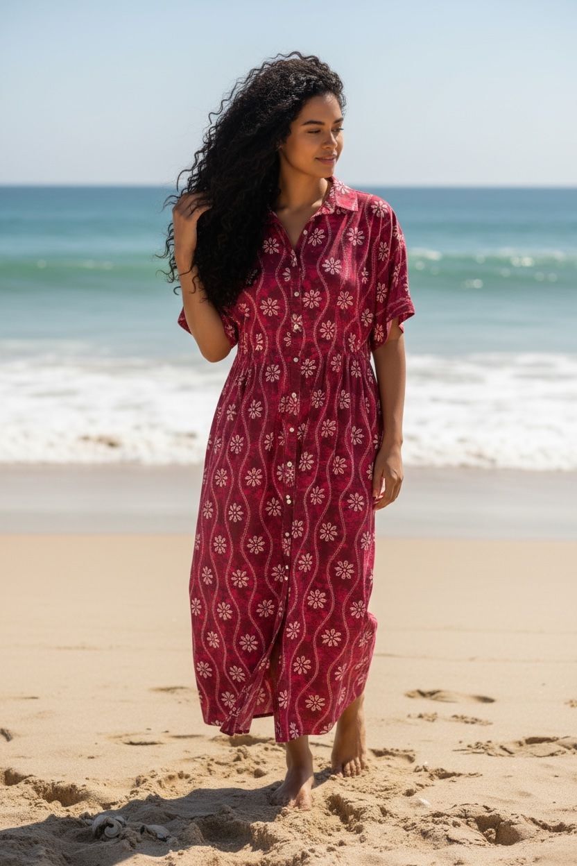 Robe chemise longue en coton léger à imprimé bohème chic