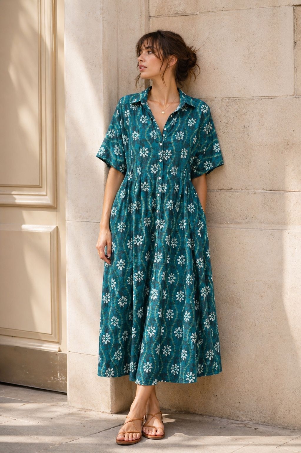 Long shirt dress in lightweight cotton with a bohemian chic print