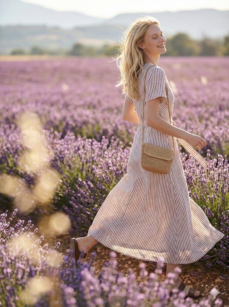 Long wrap-style dress with stripes in cotton gauze