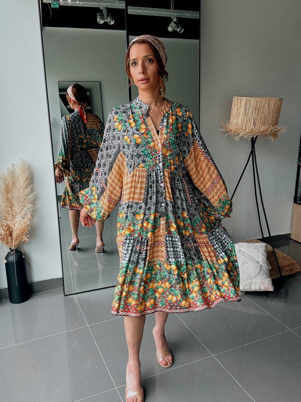 Bohemian tiered print dress – Lemon print & chic patchwork