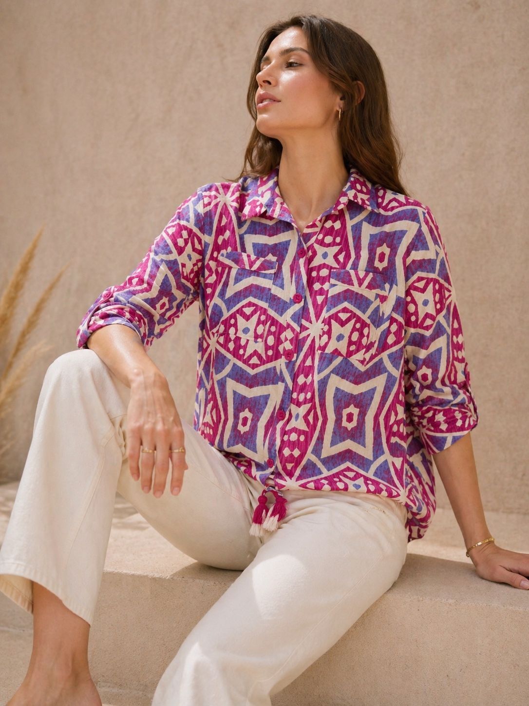 Bohemian short patterned cotton shirt