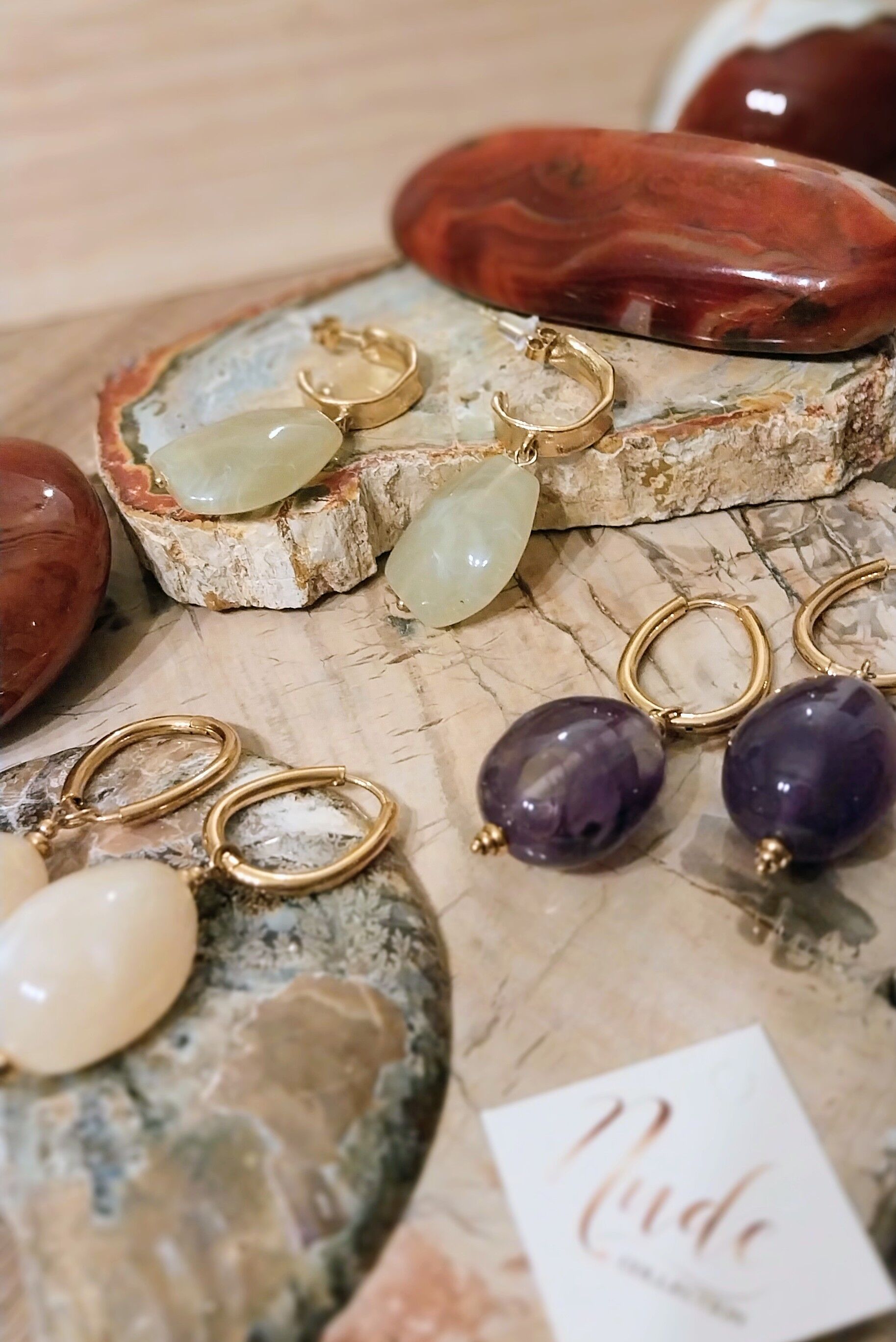 Assortment of earrings made from natural stones