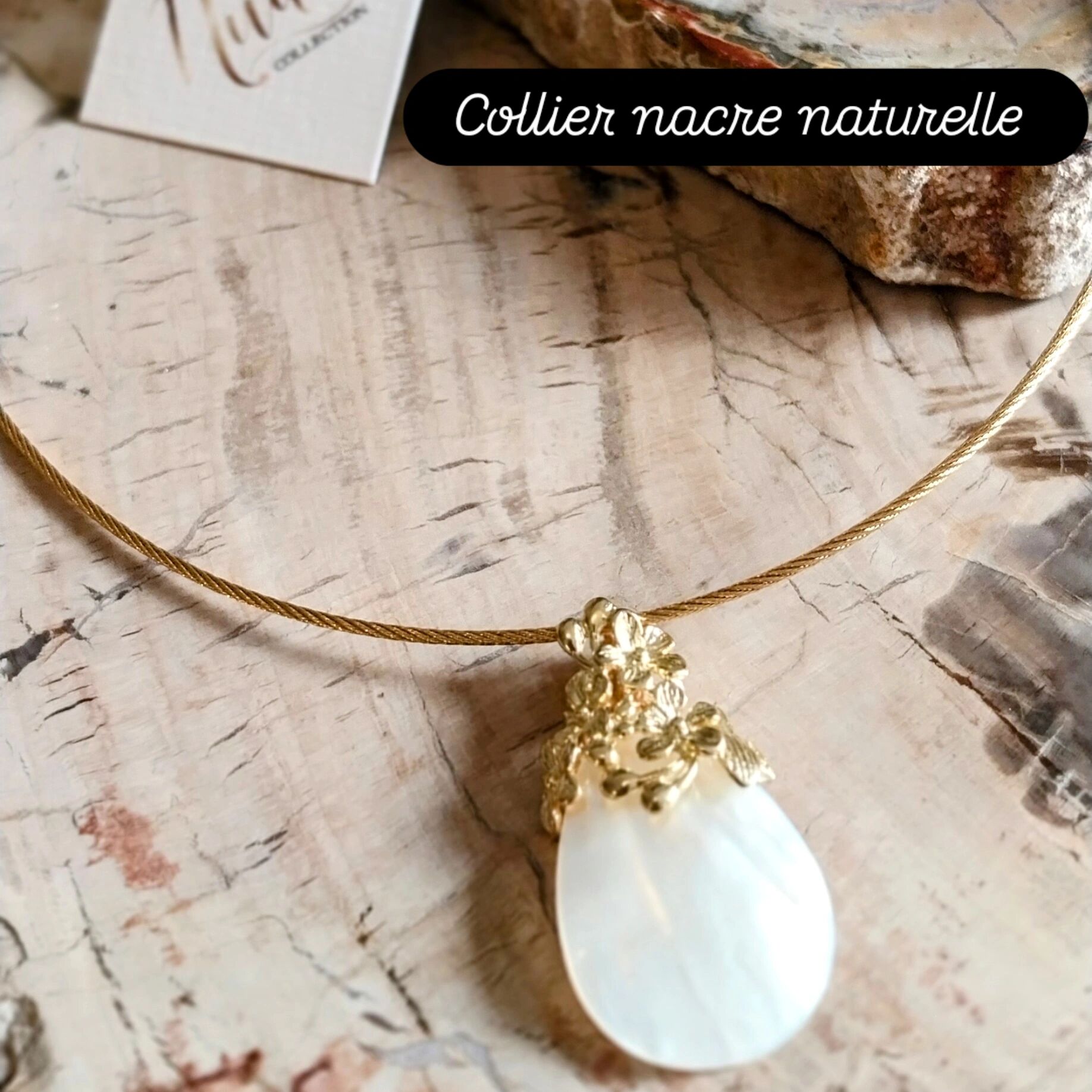 Torque necklace in steel and natural mother-of-pearl