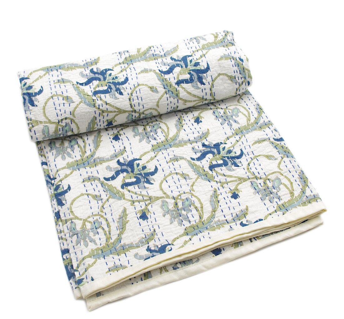 Trapunta Kantha con motivo Paisley Block Print bianco e blu - Queen Size