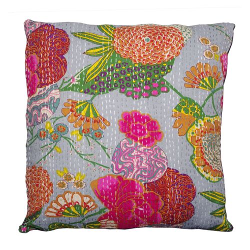 Kantha Cushion Cover - Tropical Grey Floral 16''