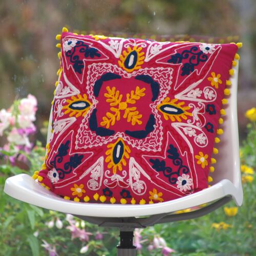 Suzani Woolen Embroidered Cotton Cushion Cover 16'' - Pink