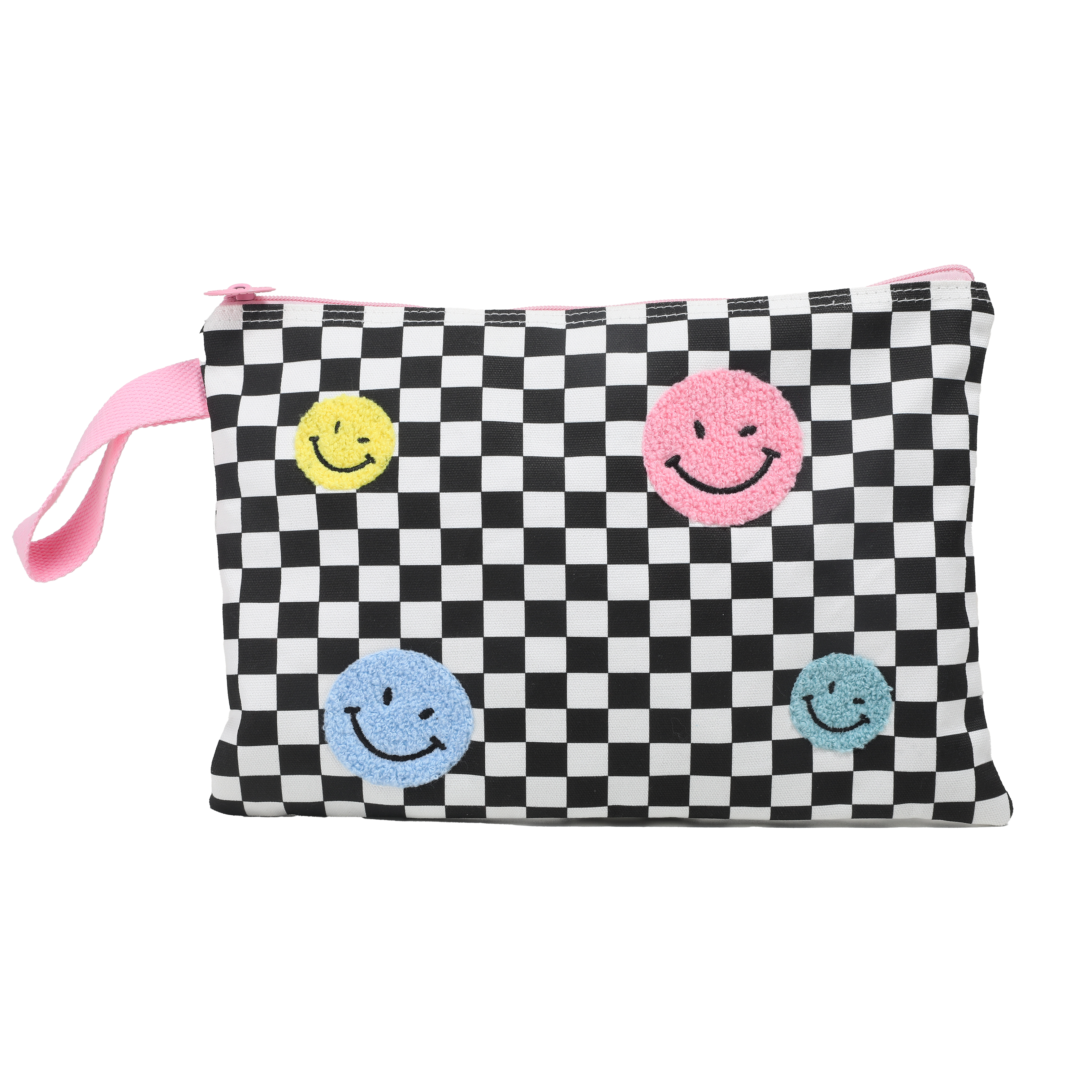 Checkered Smiley Face Pouch Bag – Cute Kids Travel & Makeup Organizer 23x33 cm | Aesthetic Zipper Clutch for Girls & Teens