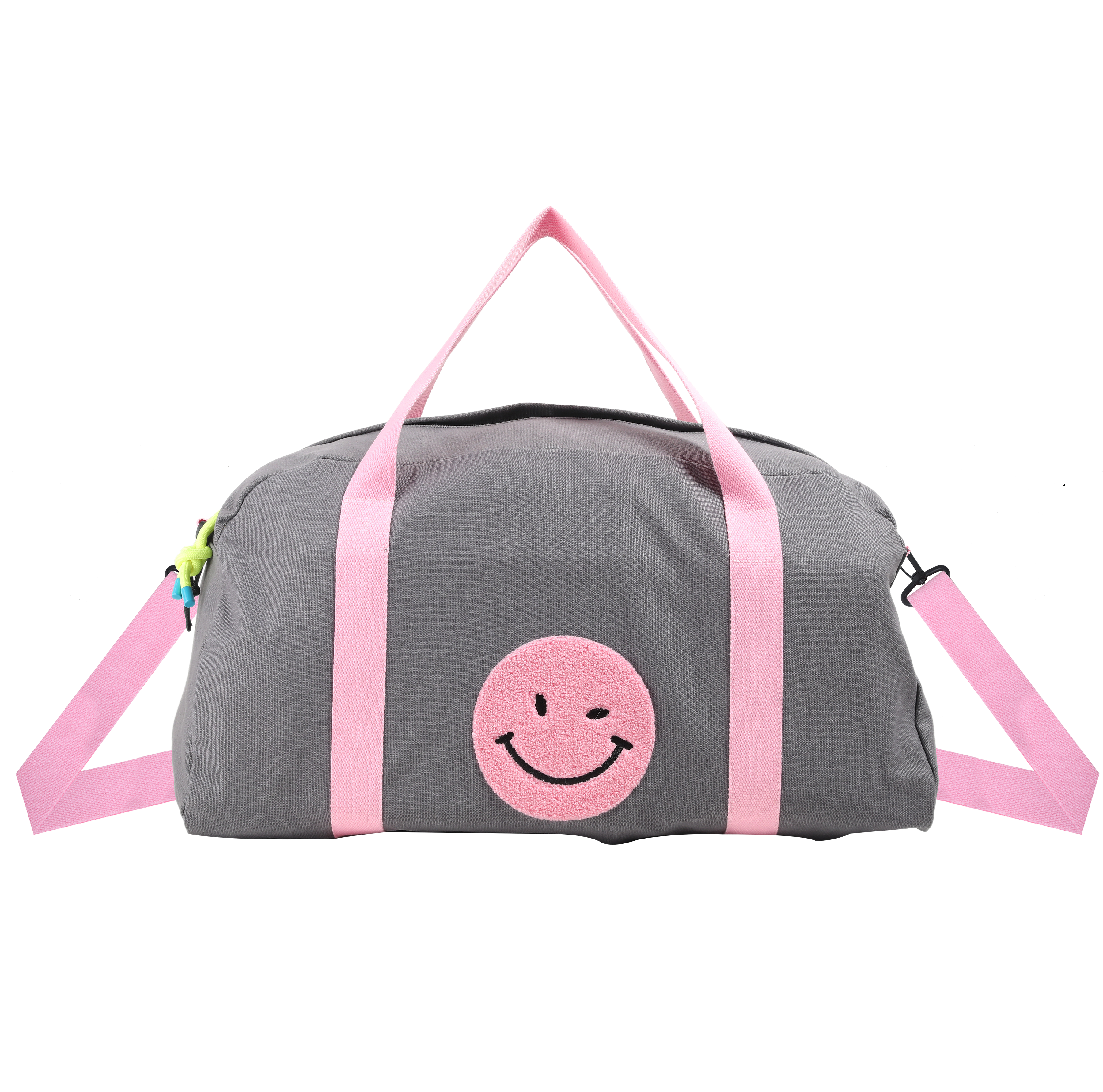 Kids Smiley Face Duffel Bag – Grey & Pink Travel Bag for Girls | Sports, Dance & Weekend Overnight Bag 30x62x29 cm