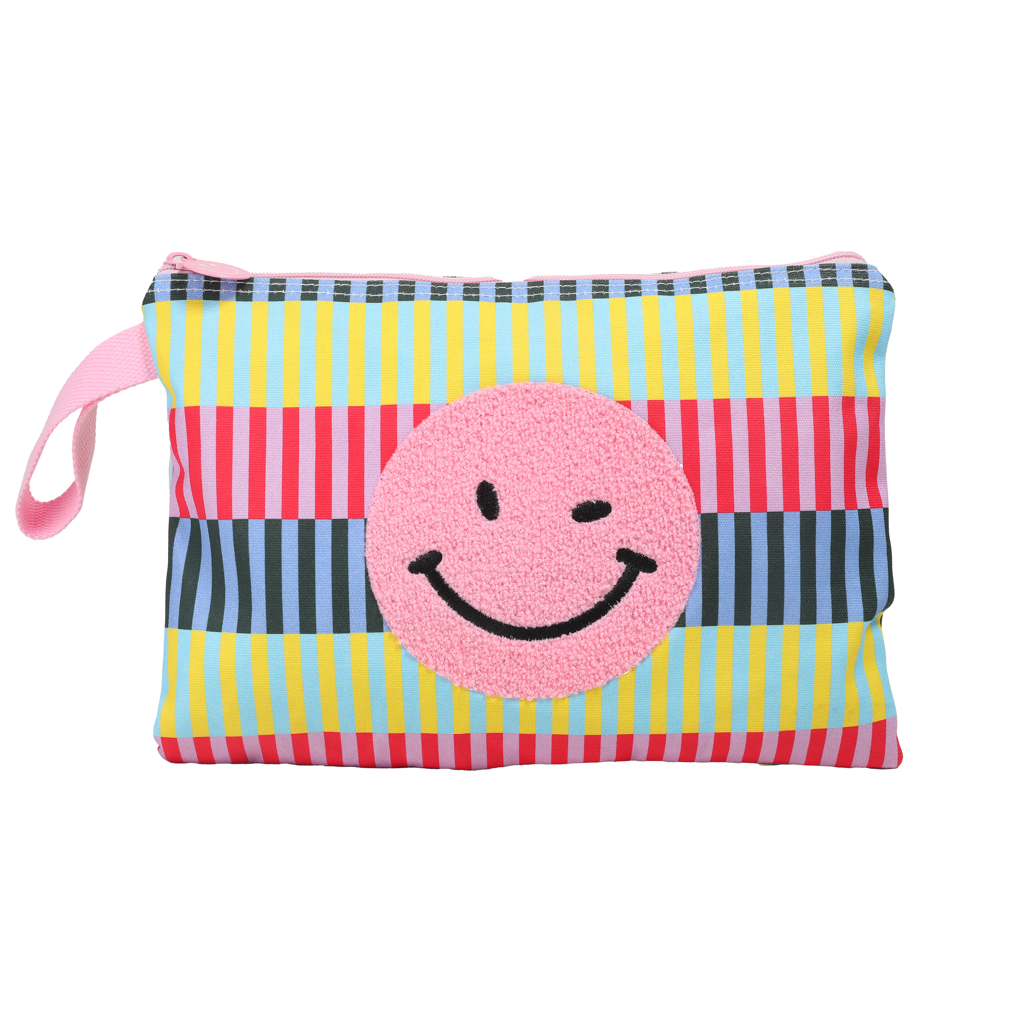 Striped Smiley Face Pouch Bag – Cute Kids Travel & Makeup Organizer 23x33 cm | Aesthetic Zipper Clutch for Girls & Teens
