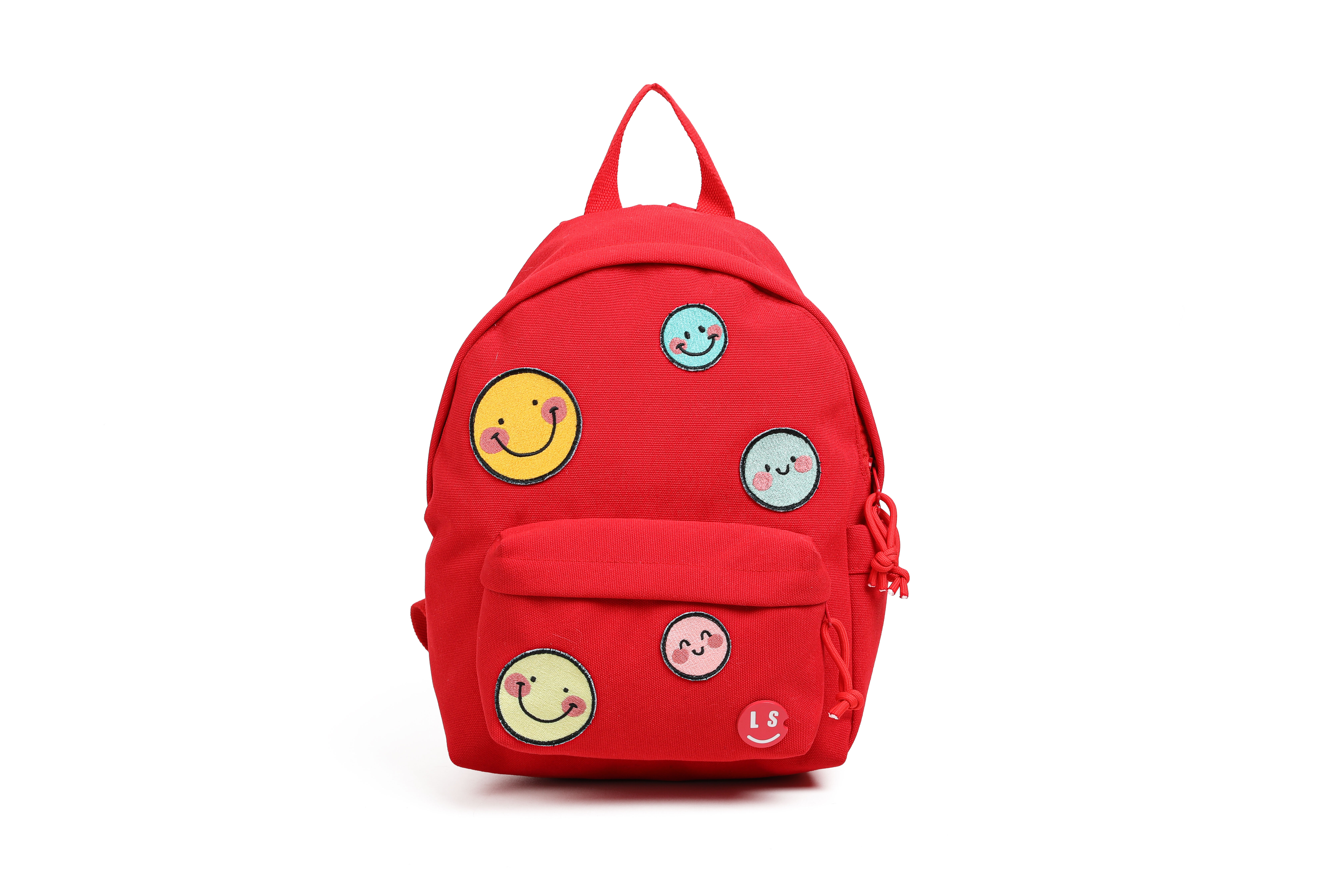 Mochila infantil roja con caritas sonrientes – Mochila pequeña para guardería y preescolar, diseño de caras felices (33x16x22 cm)