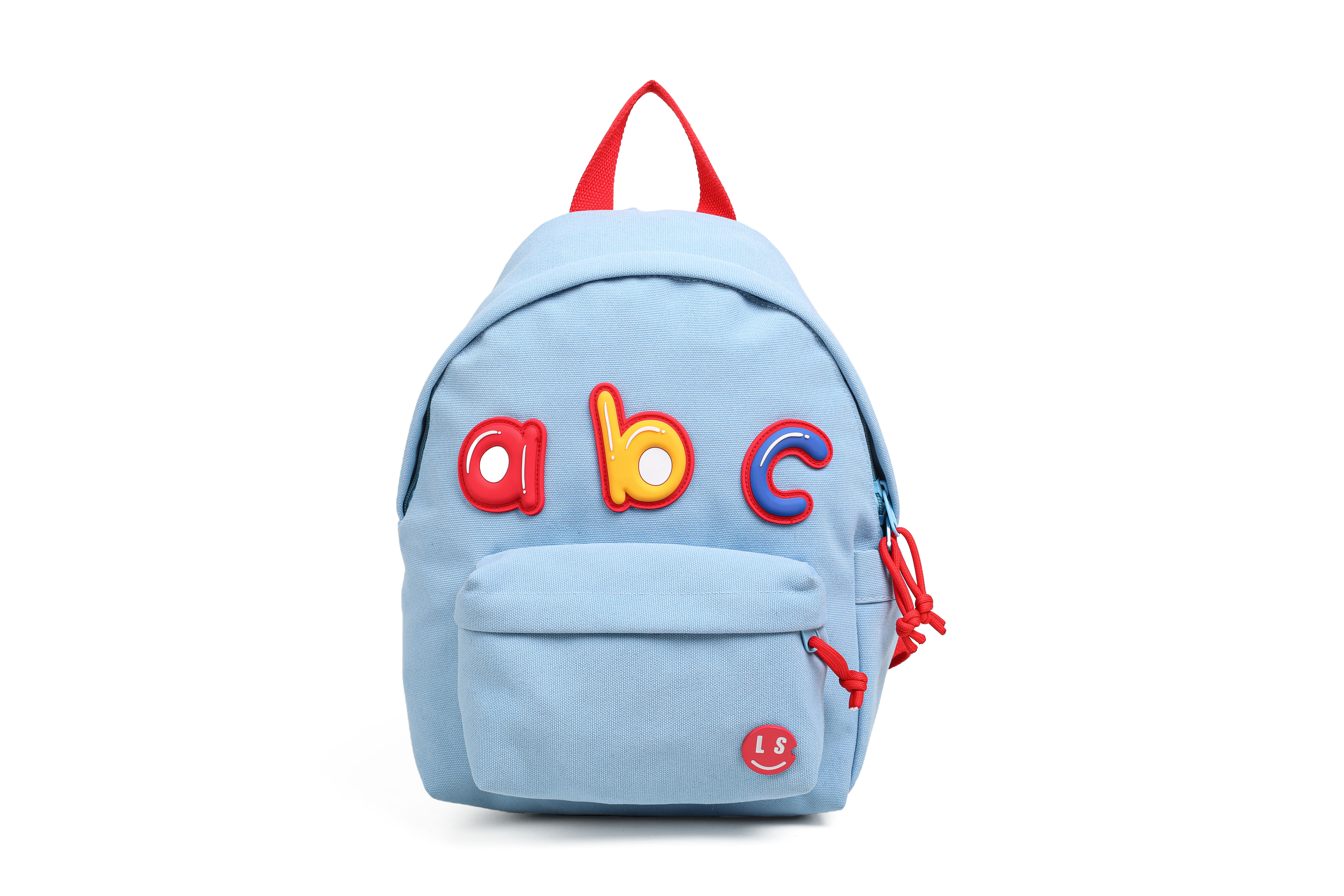 Mochila infantil azul claro con el abecedario – Mochila pequeña para niños pequeños y preescolares (33 cm de alto x 16 cm de ancho x 22 cm de profundidad)