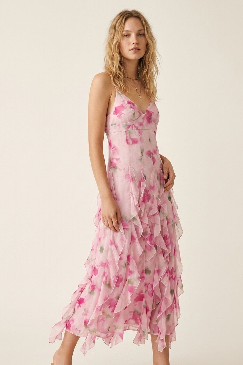 White and Pink Floral Maxi Prom Dress with Ruffles