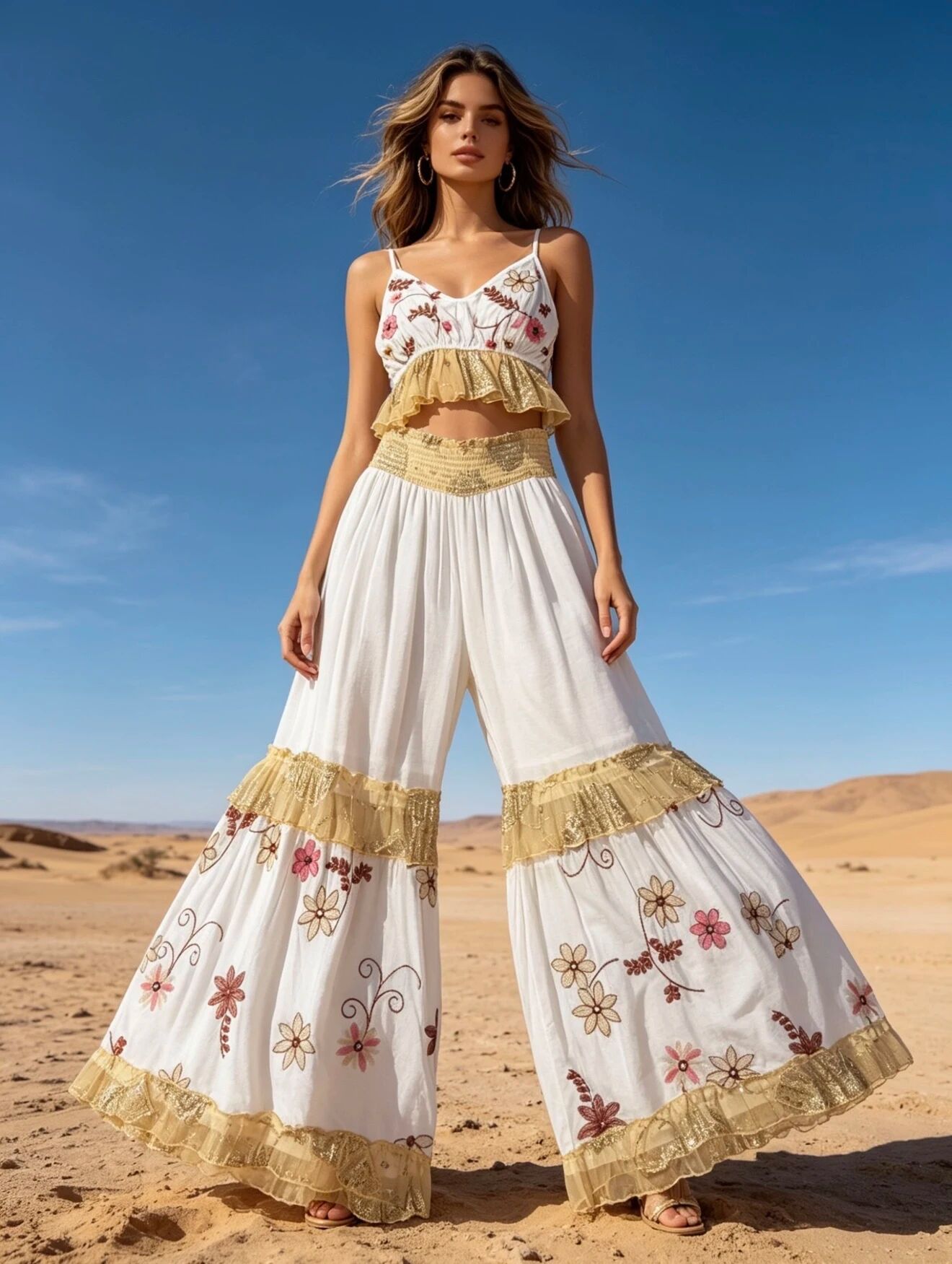 Set: Trägertop und dazu passende ausgestellte Hose mit Blumenstickerei