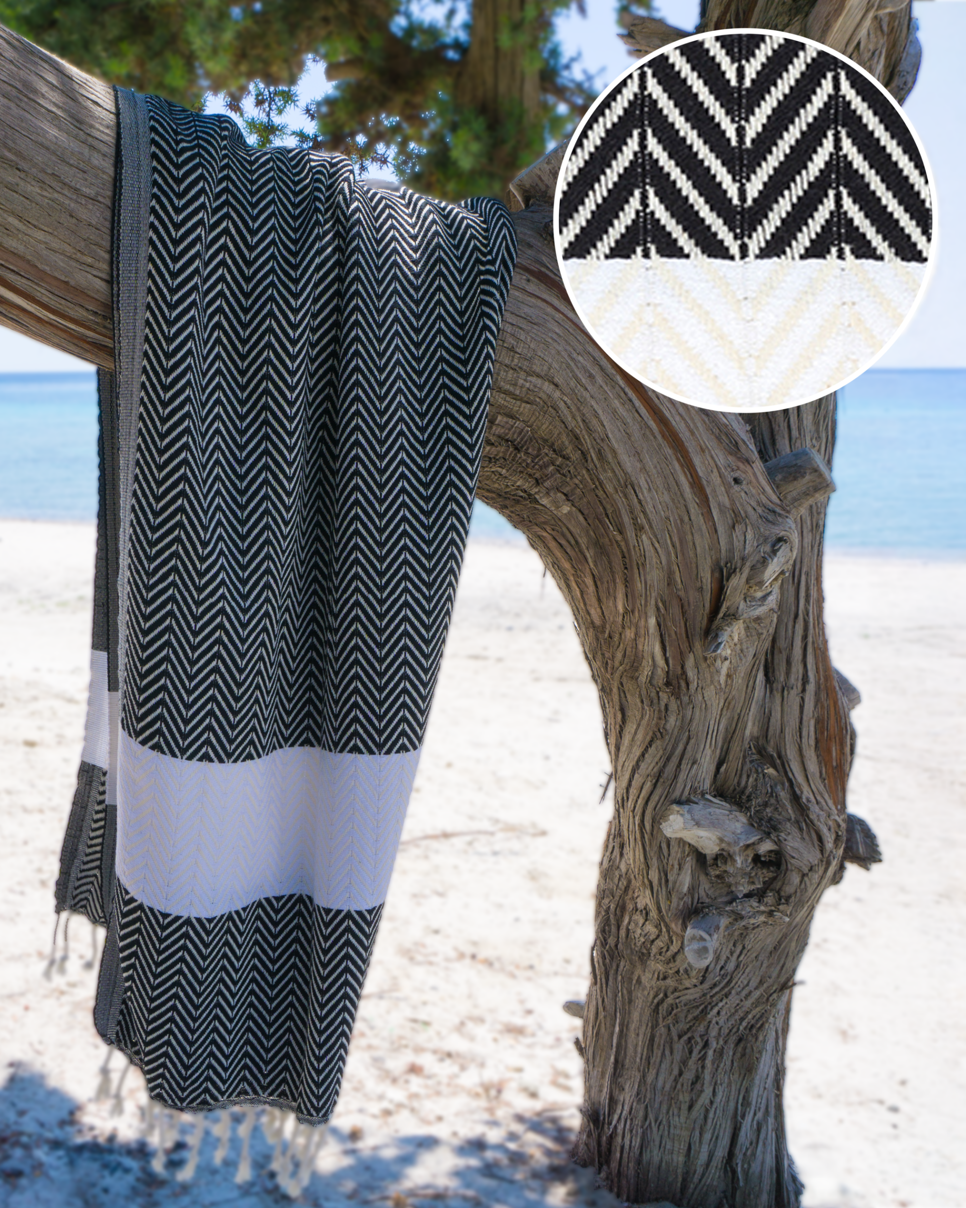 Toalla de playa ZAYA de algodón para hammam – Secado rápido - Negro/Blanco - 180x100 cm