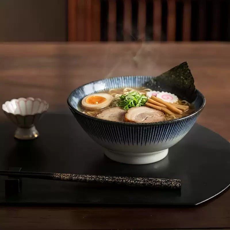 Hatsuichi Japanese ramen bowl with blue jūso pattern