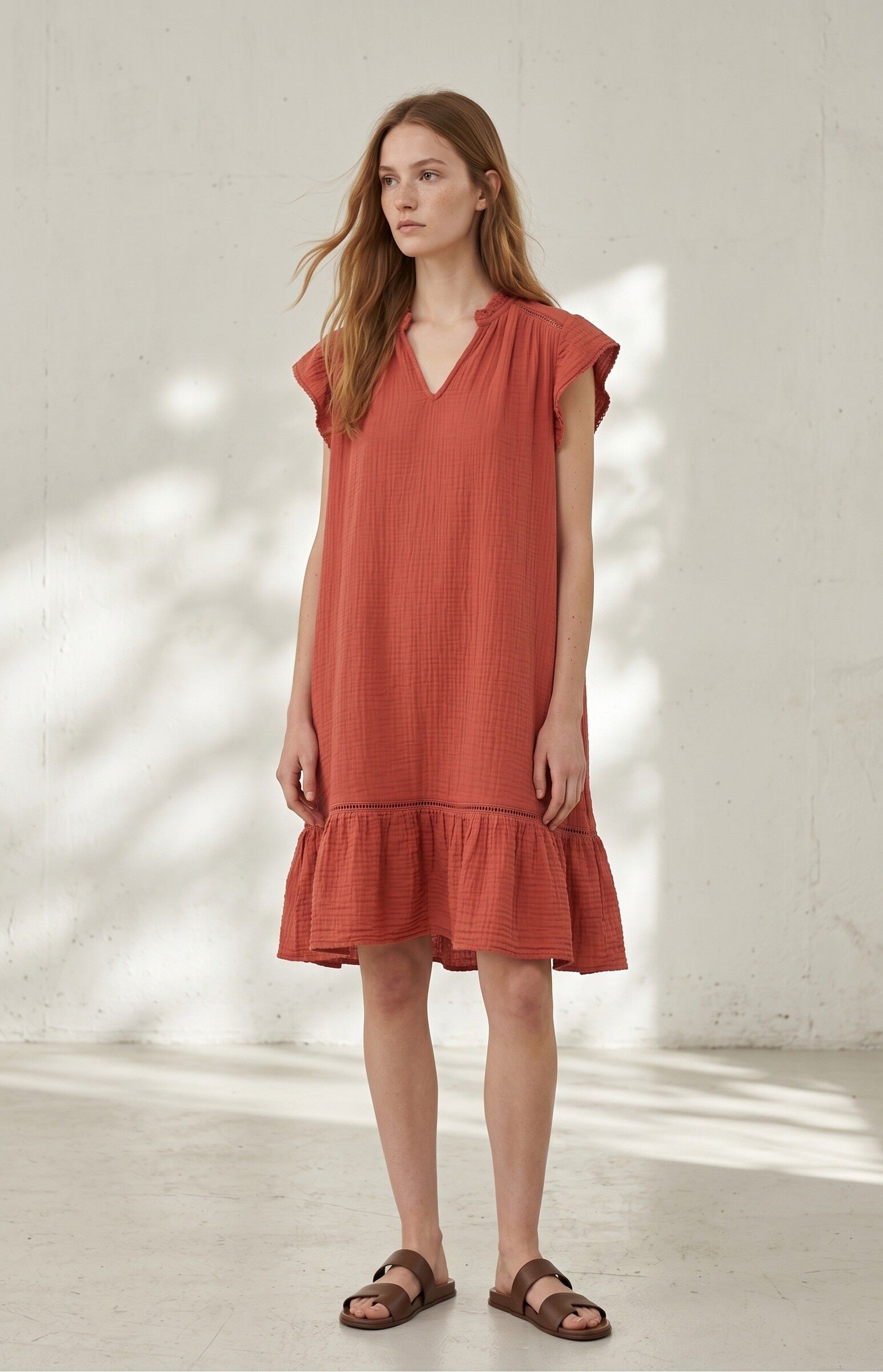 Short Cotton Gauze Ruffled Dress