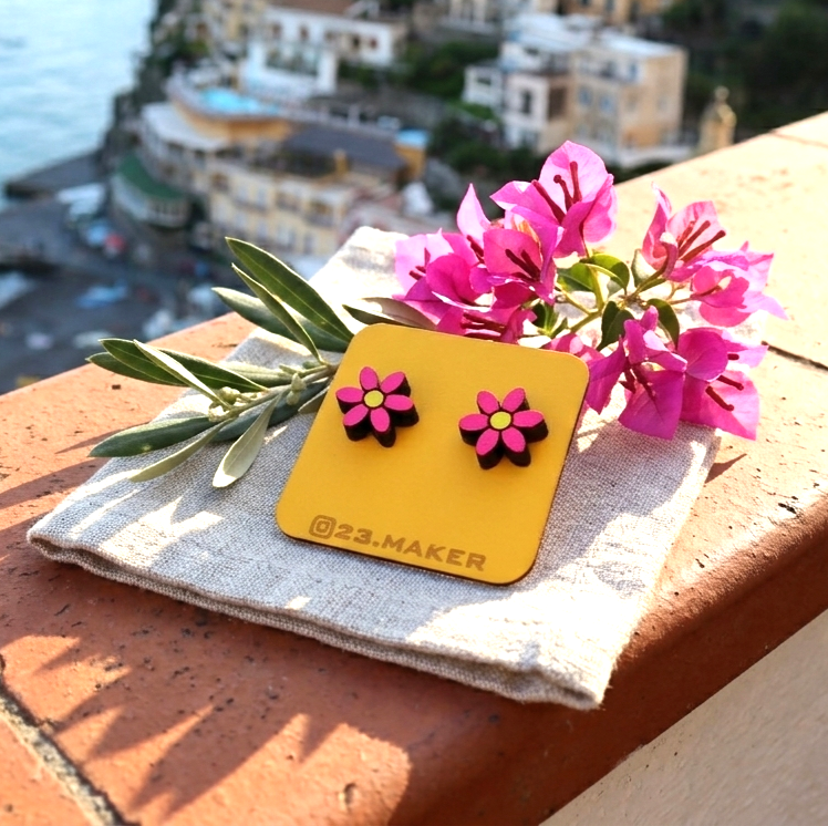 Pink Daisy Wooden Earrings | Floral Stud Jewelry
