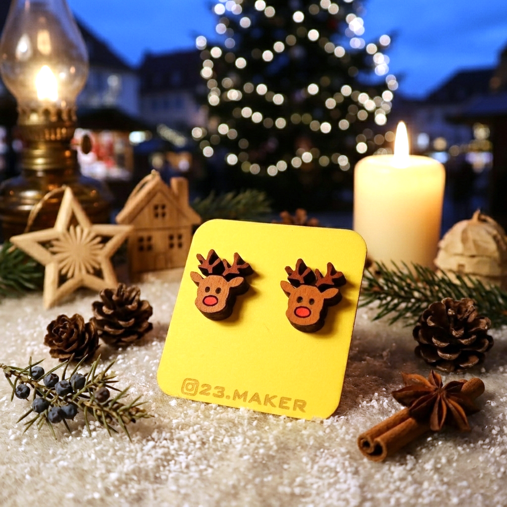 Reindeer Wooden Earrings | Christmas Stud Jewelry