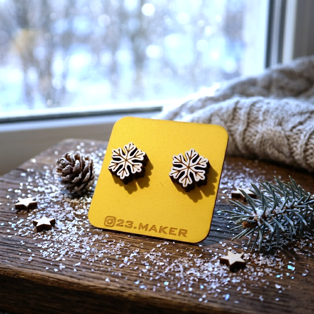 Snowflake Wooden Earrings | Winter Stud Jewelry