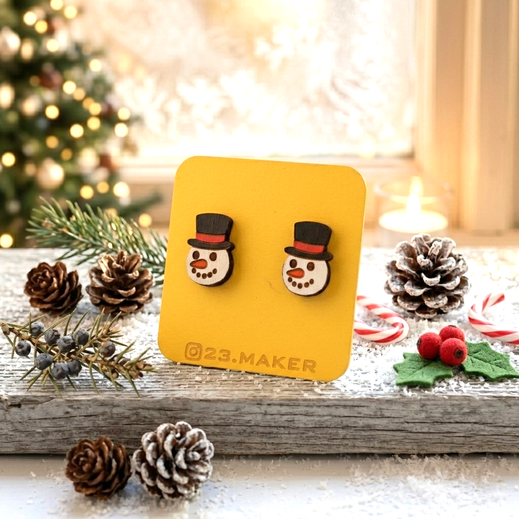 Snowman Wooden Earrings | Christmas Stud Jewelry
