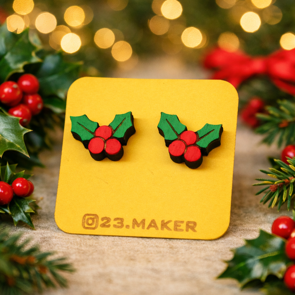Holly Wooden Earrings | Christmas Stud Jewelry