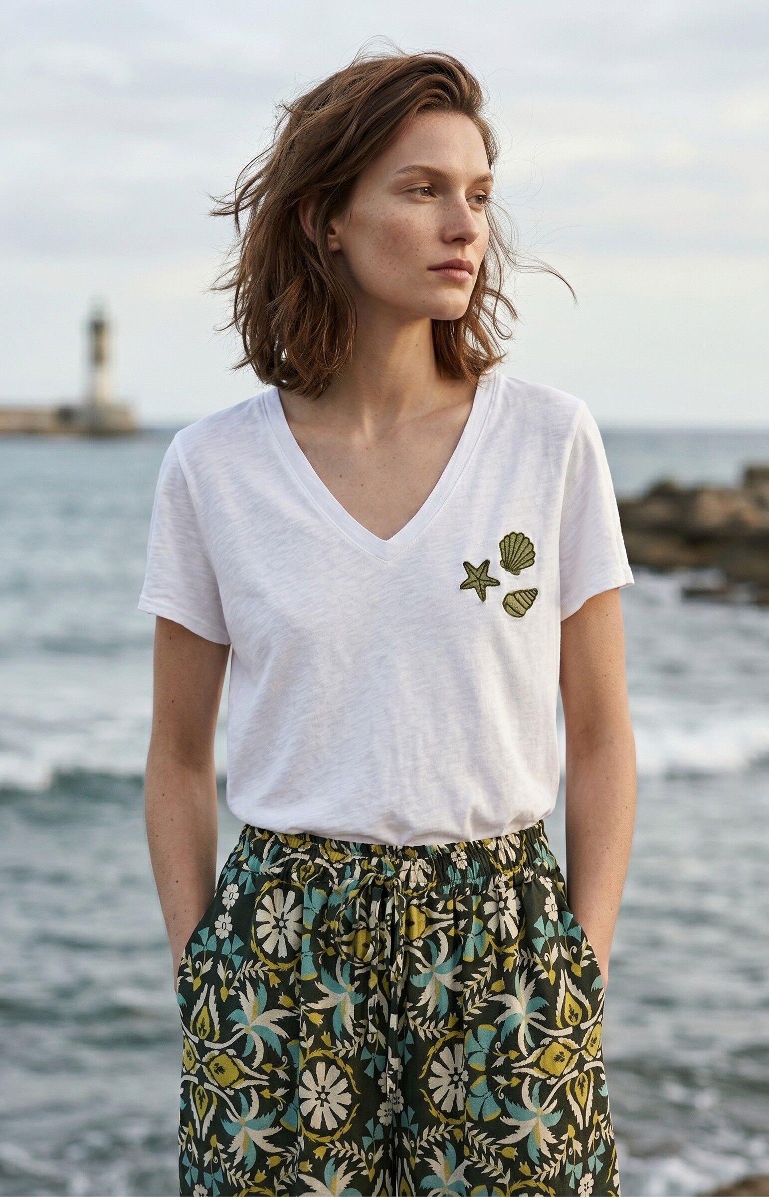 White T-shirt with Seashell Embroidery
