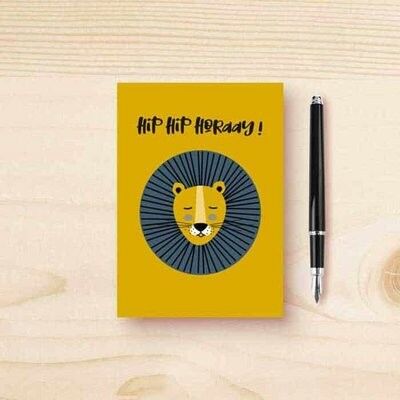 Card with lion print in ocher yellow with blue