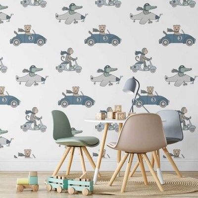 Wallpaper animals on the go in fresh shades for the nursery