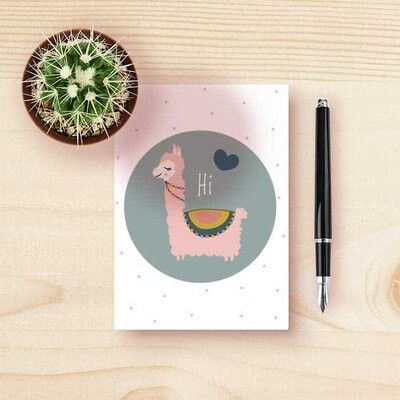 Card llama in pink with green print