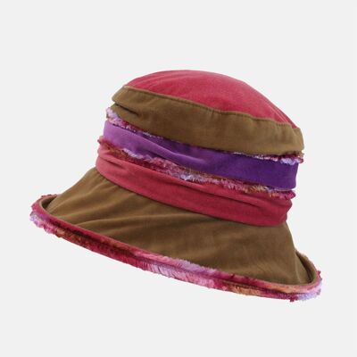 Chapeau en velours duveteux olive, violet et rose