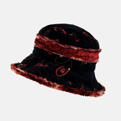 Sombrero de terciopelo esponjoso negro y vino con lentejuelas - Negro