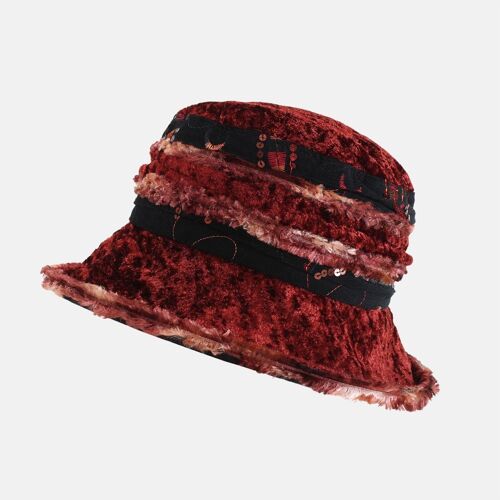 Black and Wine with Sequins Fluffy Velvet Hat - Wine