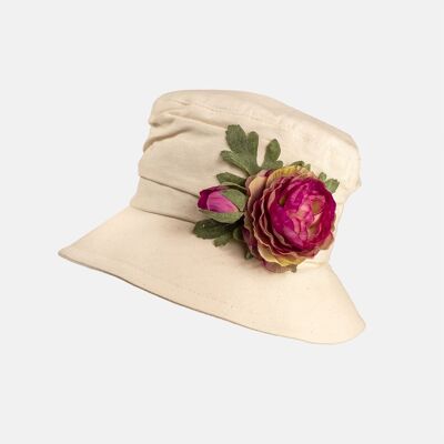 Cappello Cloche in Cotone Crema con Decorazione Floreale - Mix Rosa