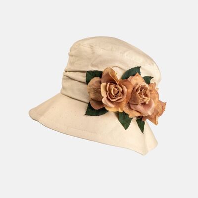 Cream Cotton Cloche Hat with Flower Decoration - Vintage Tea
